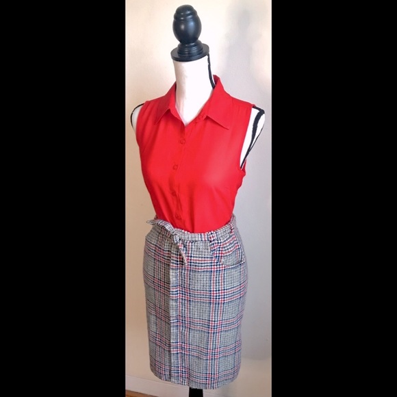 Tan, Blue & Red Plaid Wool Midi Pencil Skirt, Sz. M: Authentic Vintage Peice - Picture 3 of 7